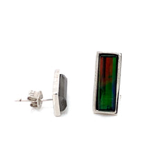 Sterling Silver Earrings with Rhodium plating and Two Rectangle Ammolite gemstones.