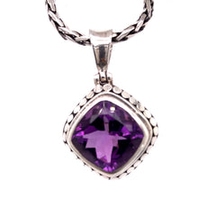 Small Sterling Silver Pendant with One Cushion Square Amethyst on a Ha