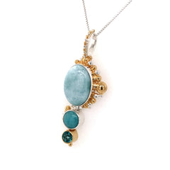 Silver & 2 Gold Necklace with Larimar, Amazonite and Topaz- 18"