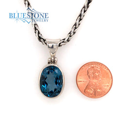 Sterling Silver Pendant with One Oval London Blue Topaz- 17" Petite