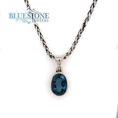 Sterling Silver Pendant with One Oval London Blue Topaz- 17" Petite