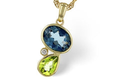14KYG Bezel Set Pendant w/ Blue Topaz, Peridot & One Diamond