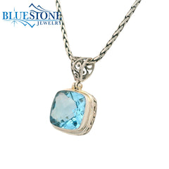 Medium Sterlimg Silver Cushion Blue Topaz Pendant- 24" Petite Chain