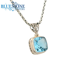 Medium Sterlimg Silver Cushion Blue Topaz Pendant- 24" Petite Chain