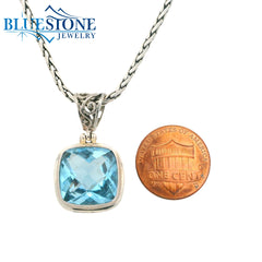 Medium Sterlimg Silver Cushion Blue Topaz Pendant- 24" Petite Chain