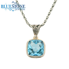 Medium Sterlimg Silver Cushion Blue Topaz Pendant- 24" Petite Chain