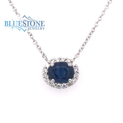 14K White Gold Necklace with Sapphire and Diamonds- 16"