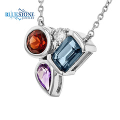 14 Karat White Gold Topaz, Amethyst, Garnet & Diamond Necklace