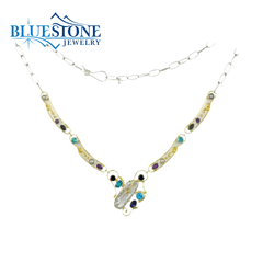 Two-Tone Open Link Necklace w/ Pearls, African Amethysts, Iolite/Blue Topaz Gemstones.