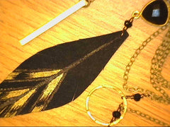 3 Layer Onyx Brass necklace with double sided leather feather - black