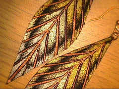 Isabella Leather Feather Earrings with gold, silver and bronze design