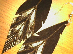 Leather Feather Earrings with black and silver design with silver