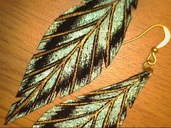Isabella Leather Feather Earrings with gold and teal design with gold