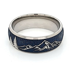 8mm Domed Titanium Band Mountain and Tree Pattern w/Navy Blue Cerakote(size 9.5)