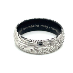 Sunset Damascus Band with Black Sleeve and Engraving- Size 9.5