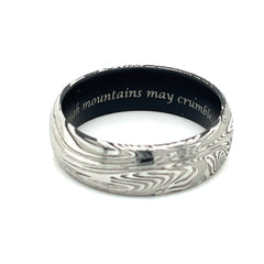 Sunset Damascus Band with Black Sleeve and Engraving- Size 9.5