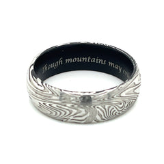 Sunset Damascus Band with Black Sleeve and Engraving- Size 9.5