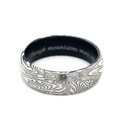 Sunset Damascus Band with Black Sleeve and Engraving- Size 9.5