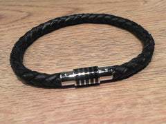 Stainless Steel/Black Leather Bracelet Length 8.5