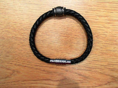Black Leather Bracelet with Steel Link Length 23 cm