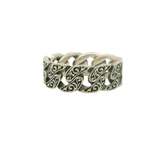 Sterling Silver with rhodium plating curb chain ring with scroll patte