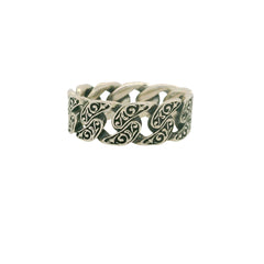 Sterling Silver with rhodium plating curb chain ring with scroll patte