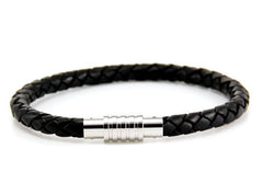 Black Leather Bracelet with Steel Clasp- 8.25 Inches