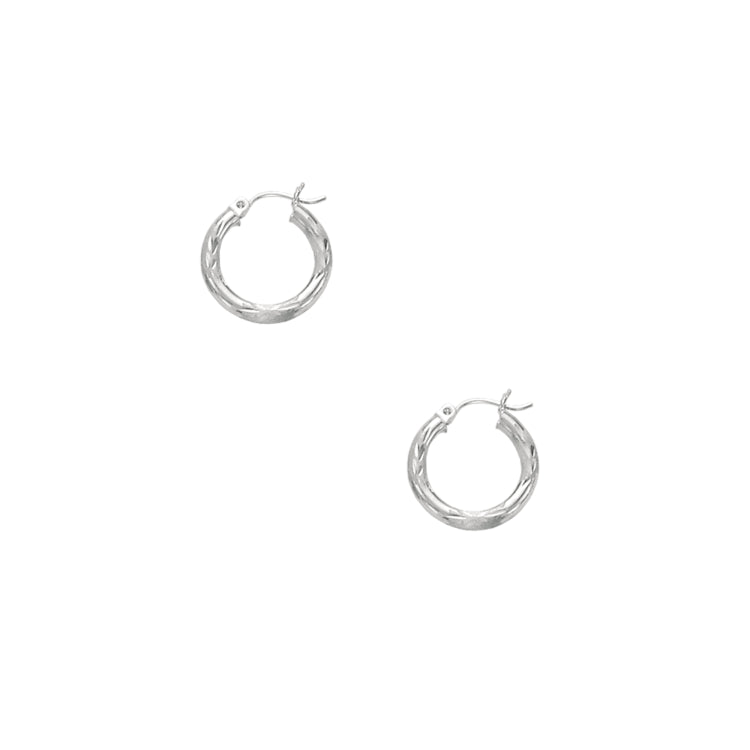 14K White Gold 3x15mm Diamond Cut and Polished Design Hoop Earring