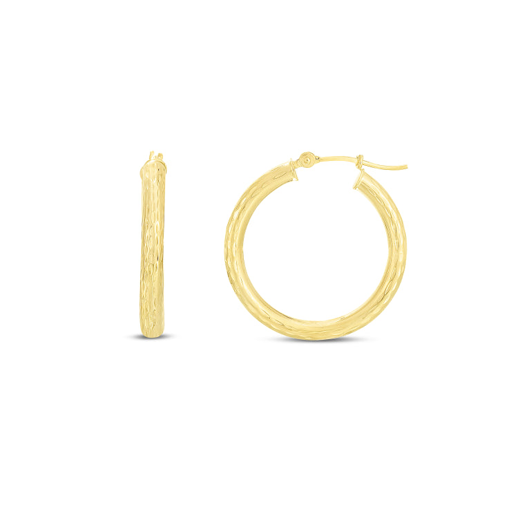 14K Yellow Gold 3x25mm Diamond Cut Hoop Earring