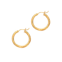 14K Yellow Gold 2x15mm Diamond Cut and Polished Design Hoop Earring