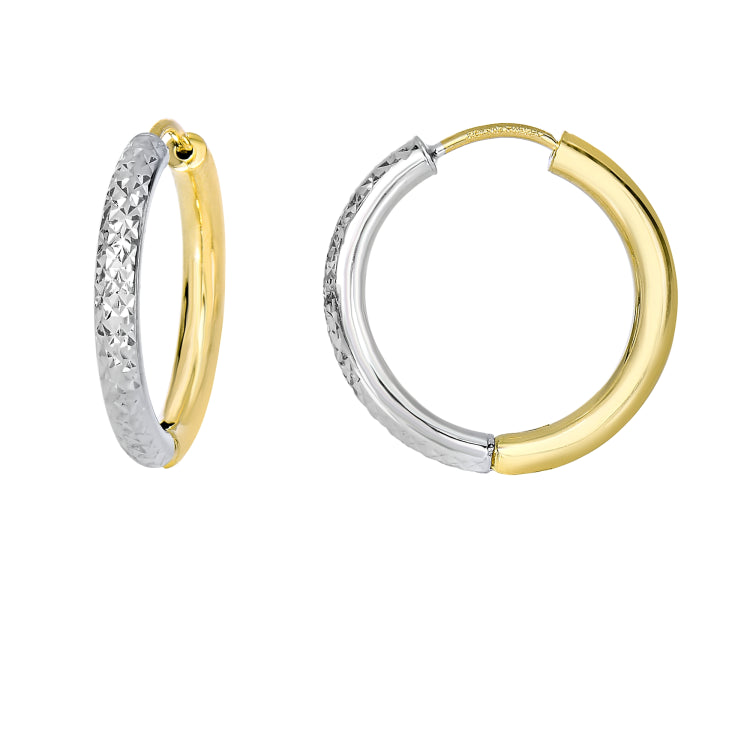 14K Yellow and White Gold 2.5x15mm Diamond Cut Hoop Earring