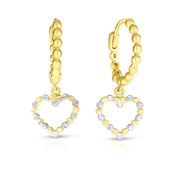 14K Yellow & White Gold Beaded Dangle Heart Drop Earring