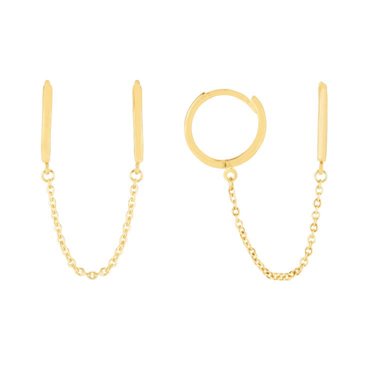 14K Yellow Gold Duo Huggie Chain Earrings. Intended to wear in two holes.