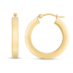 14K Yellow Gold Polished 3x20mm Wedding Band Square Tube Hoop Earrings with Hinged Clasp