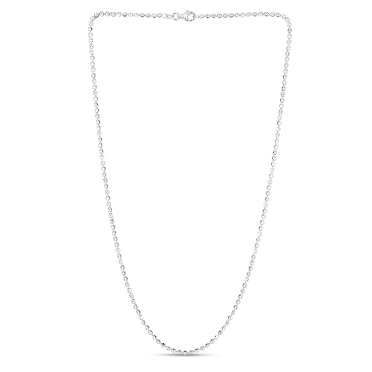 Sterling Silver 2.5mm Moon-cut Bead 16 Chain with Lobster Clasp. Item has rhodium finish.