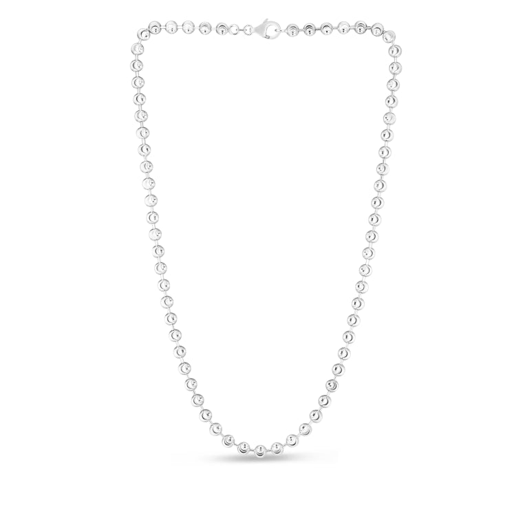 Sterling Silver 5mm Moon-cut Bead 20 Chain with Lobster Clasp. Item has rhodium finish.