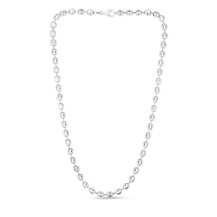 Sterling Silver 6mm Moon-cut Bead 20 Chain with Lobster Clasp. Item has rhodium finish.