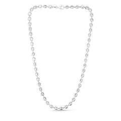 Sterling Silver 6mm Moon-cut Bead 24 Chain with Lobster Clasp. Item has rhodium finish.
