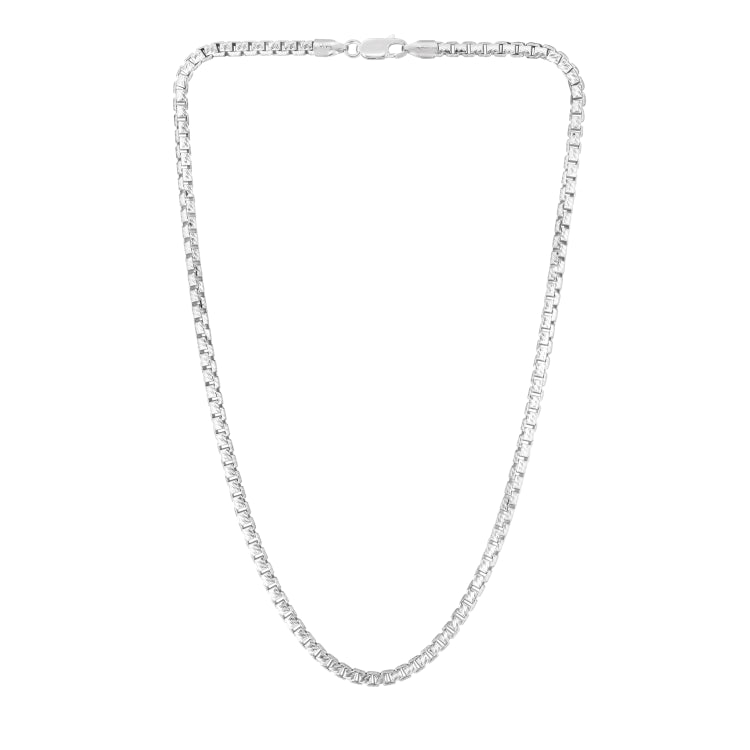 Sterling Silver 3.9mm Rockstar Cut Round Box 24 Chain with Lobster Clasp. Item has rhodium finish.