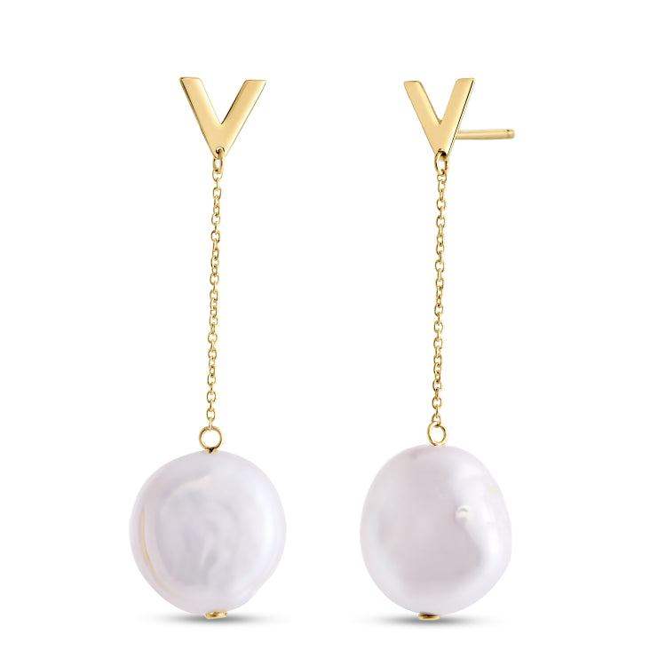 14K Yellow Gold V Drop Keshi Pearl Earrings with Push Back Clasp
