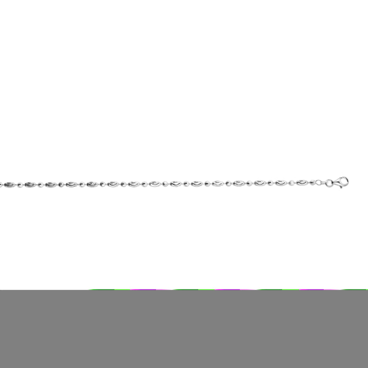 Sterling Silver 3mm 7 Moon-cut (diamond cut) Oval Bead Chain Bracelet with Lobster Clasp. Item has rhodium plating.