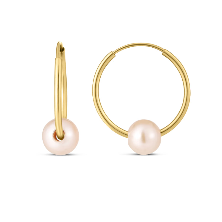 14K Yellow Gold Round Endless Hoop Earring with 5-6mm Pearl