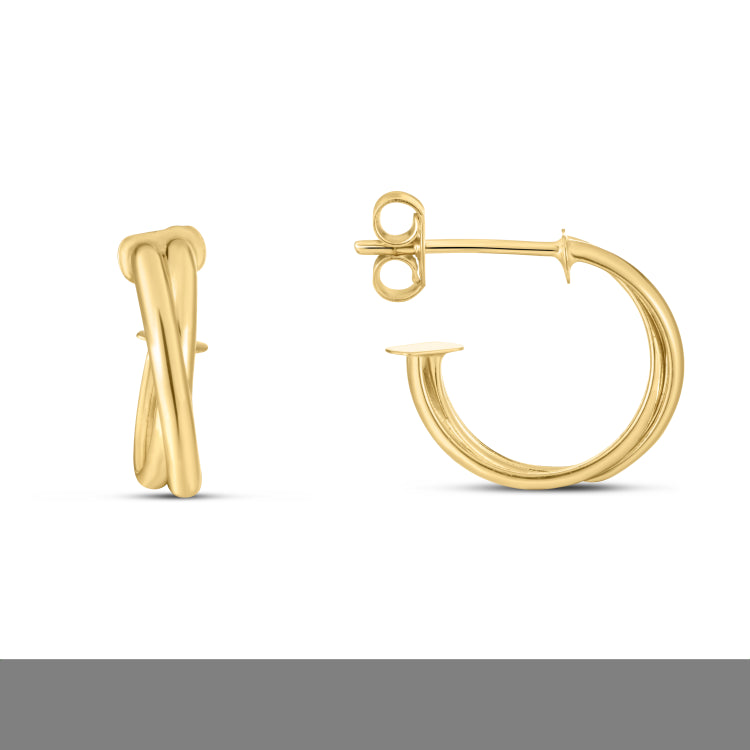 14K Yellow Gold Polished Crossover Hoops Earrings with Push Back Clasp