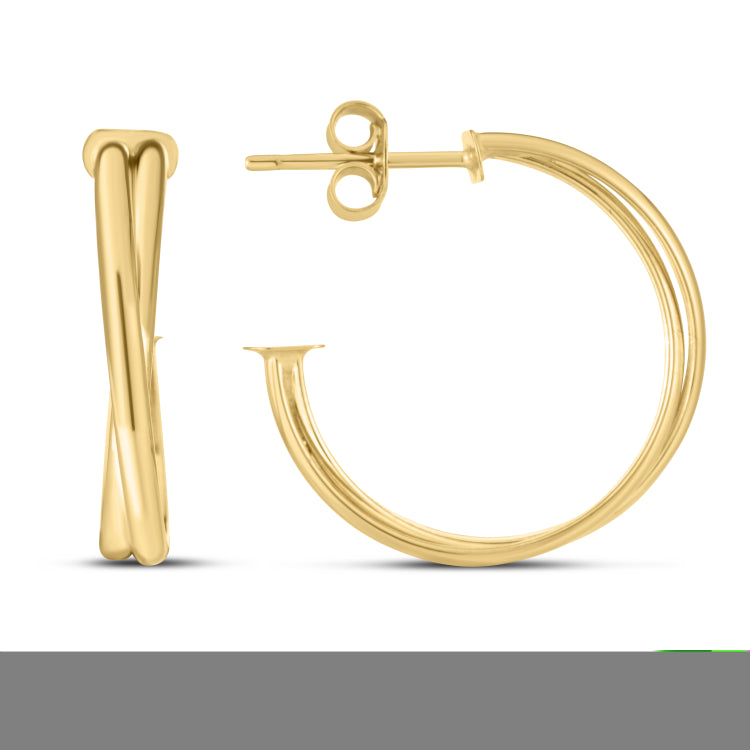 14K Yellow Gold Polished Large Crossover Hoops Earrings with Push Back Clasp