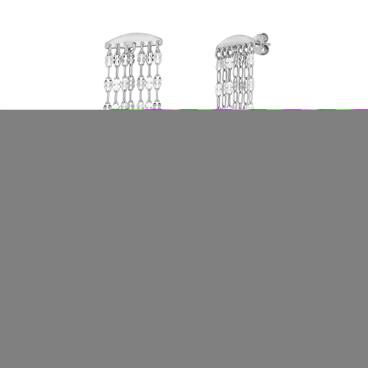 Silver Polished Fancy Chain Drop Earrings with Push Back Closure. Rhodium Plated.