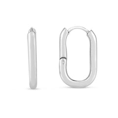 Silver Polished Oval Hoop Earrings with Snap Closure. Rhodium Plated.