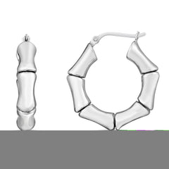 Silver Thick Polished Bamboo Hoop Earrings with Hinged Clasp. Rhodium Plated.