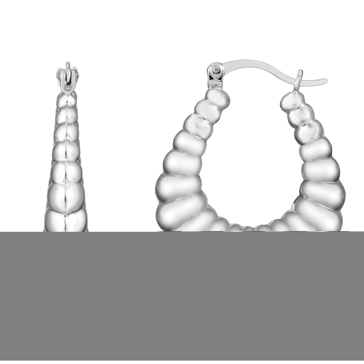 Silver Polished Graduated Ribbed Hoop Earrings with Hinged Clasp. Rhodium Plated.