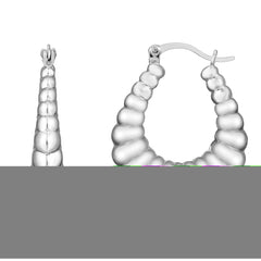 Silver Polished Graduated Ribbed Hoop Earrings with Hinged Clasp. Rhodium Plated.