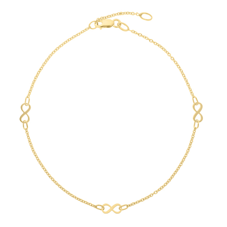 10K Yellow Gold Polished Infinity 10 Anklet with Lobster Clasp. Includes 1 extender.